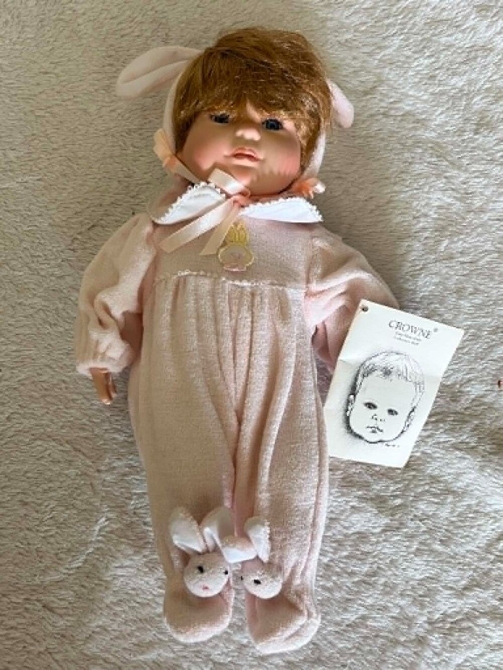 Vintage Crowne Fine Porcelain Collector Doll Bunny Outfit 11 inches